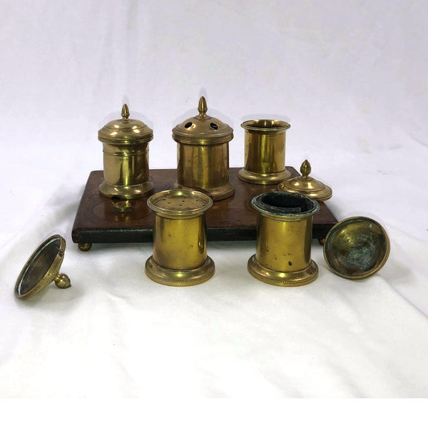 Antique English Faux Bamboo Brass Bronze Inkwell Standish Desk Set