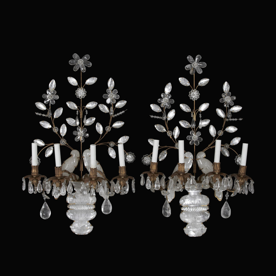 Pair of Bagues Type Rock Crystal Parrot Sconces