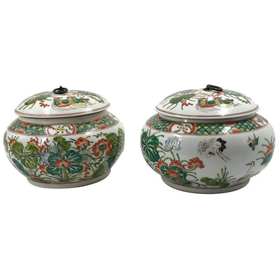 Pair of Chinese Famille Verte Lidded Jars