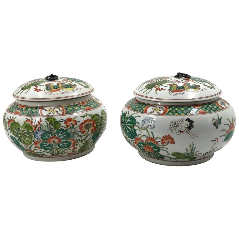 Pair of Chinese Famille Verte Lidded Jars