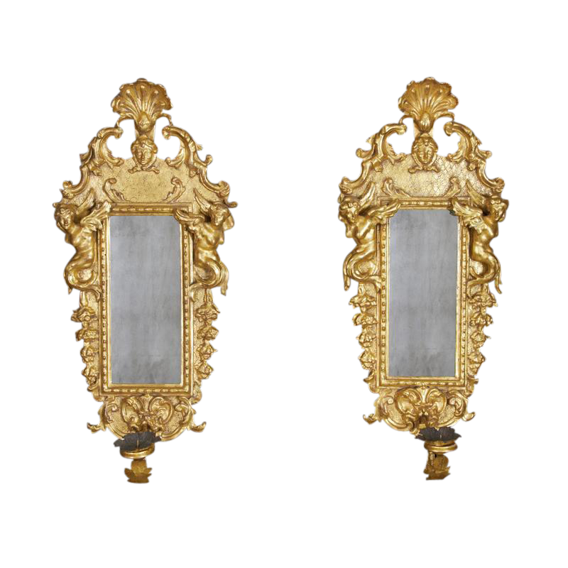 Pair of Italian Baroque Gilt Wood Sconce Mirrors