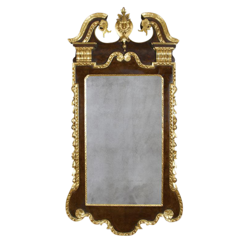George II Walnut and Gilt Scroll Top Mirror
