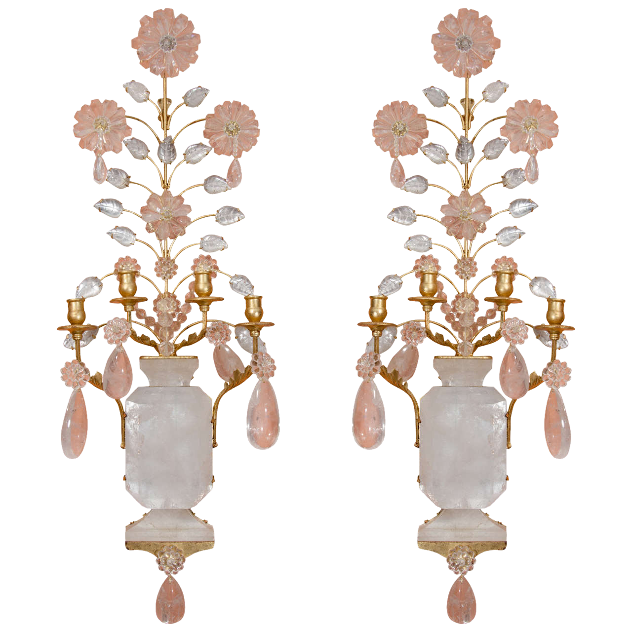 Pair of Rock Crystal Four Light Sconces