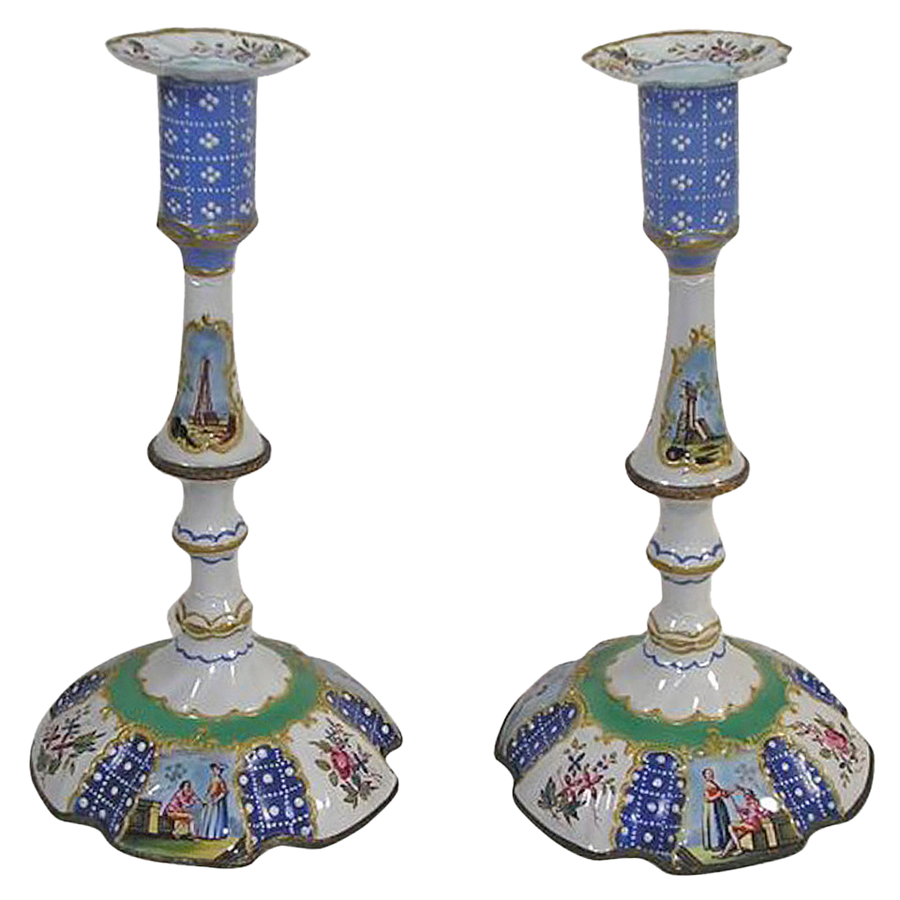 Pair of Battersea Blue and Green Candlesticks