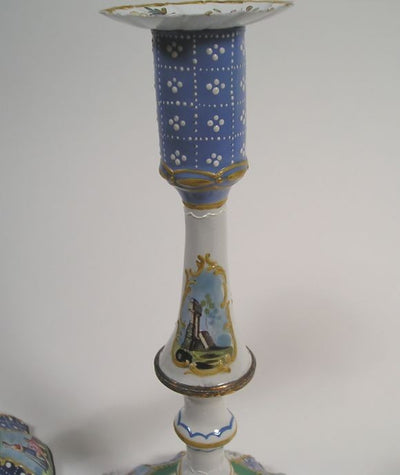 Pair of Battersea Blue and Green Candlesticks