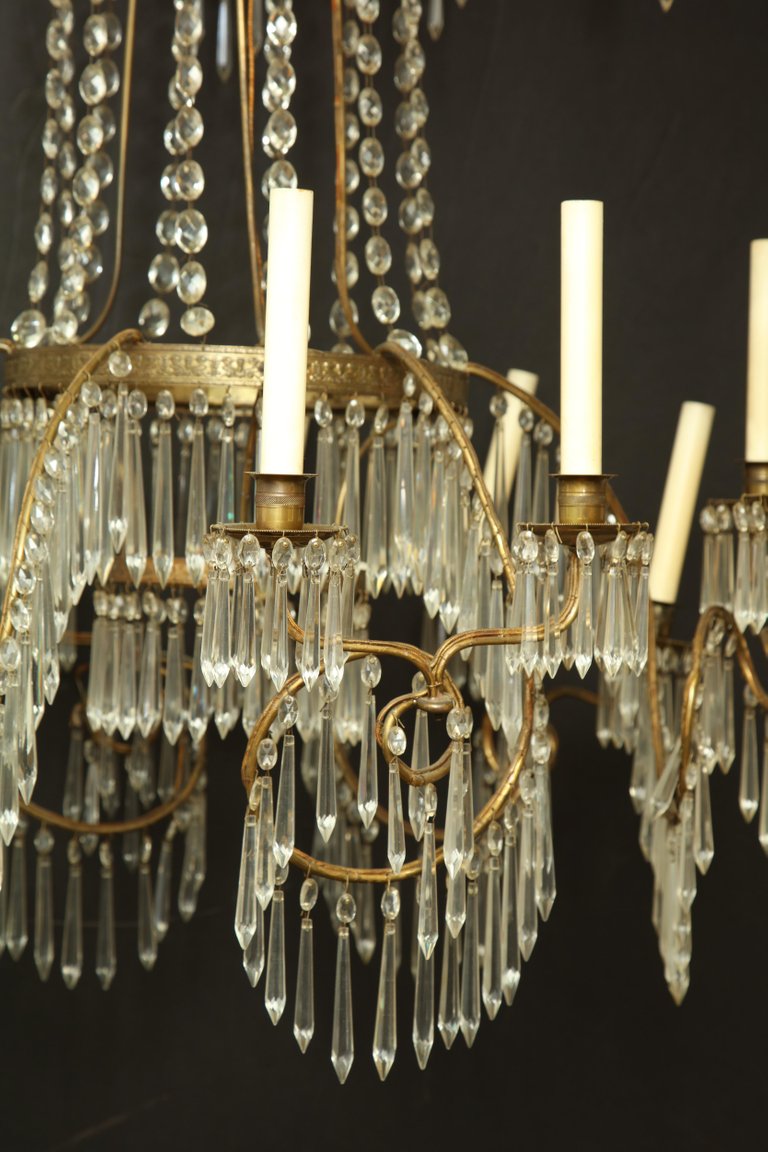 Swedish Neoclassic Bronze and Crystal Chandelier
