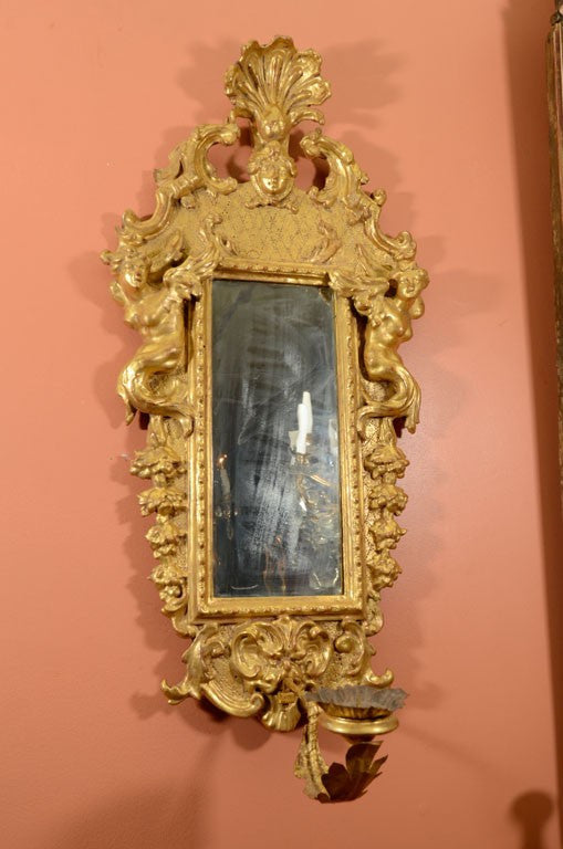 Pair of Italian Baroque Gilt Wood Sconce Mirrors