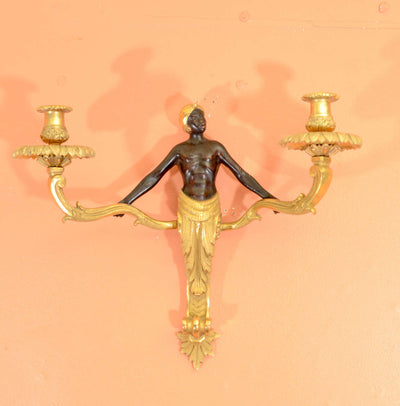 Pair Louis XV Bronze Nubian Two Light Sconces