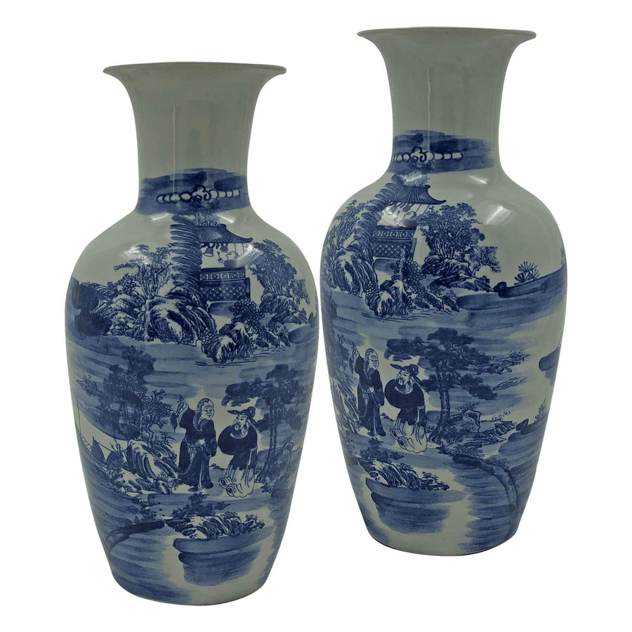 Pair of Chinese Blue and White River Vases