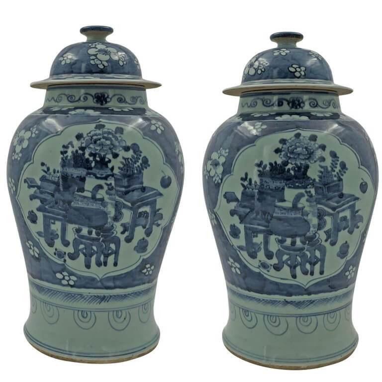 Pair of Large Chinese Still Life Temple Jar
