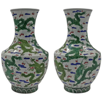 Pair of Chinese Green Dragon Hu-Shaped Vases