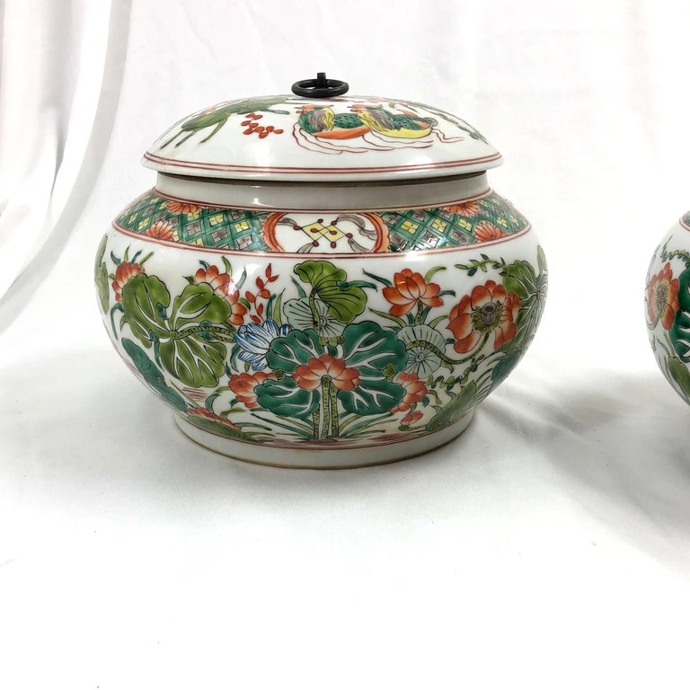 Pair of Chinese Famille Verte Lidded Jars