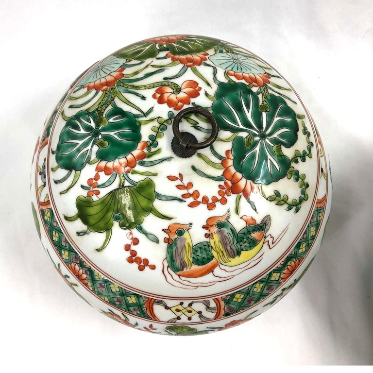 Pair of Chinese Famille Verte Lidded Jars