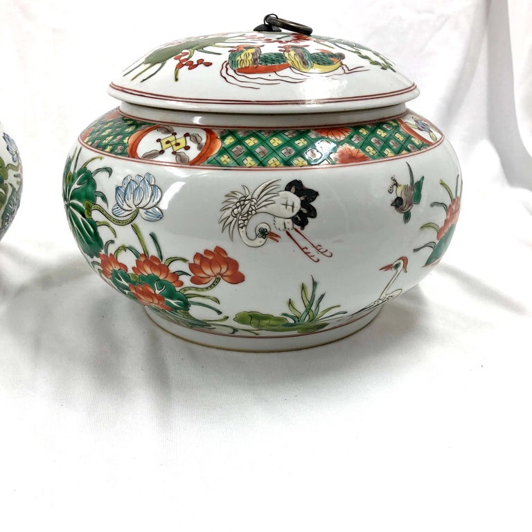 Pair of Chinese Famille Verte Lidded Jars