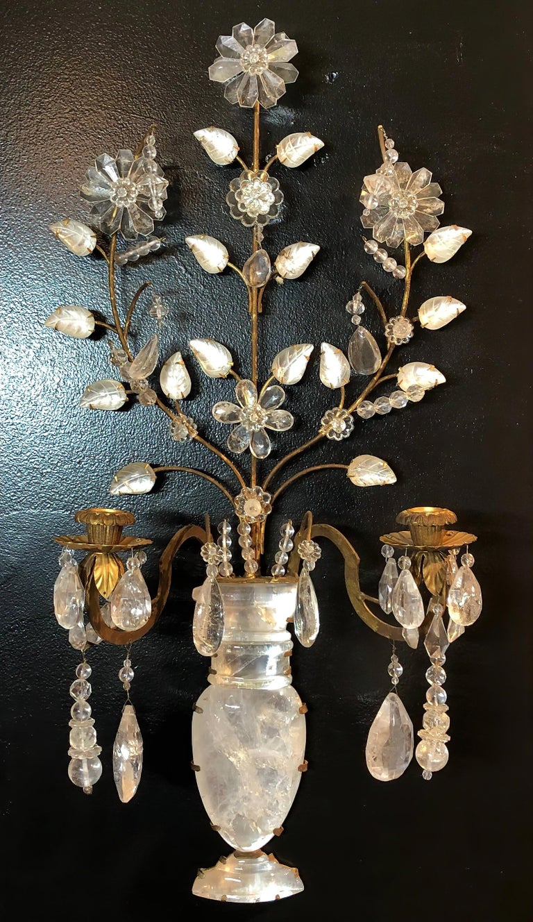 Pair of Rock Crystal Floral Urn Sconces