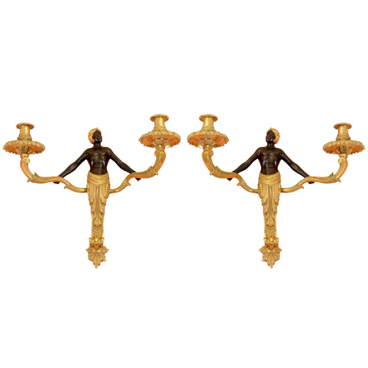 Pair Louis XV Bronze Nubian Two Light Sconces