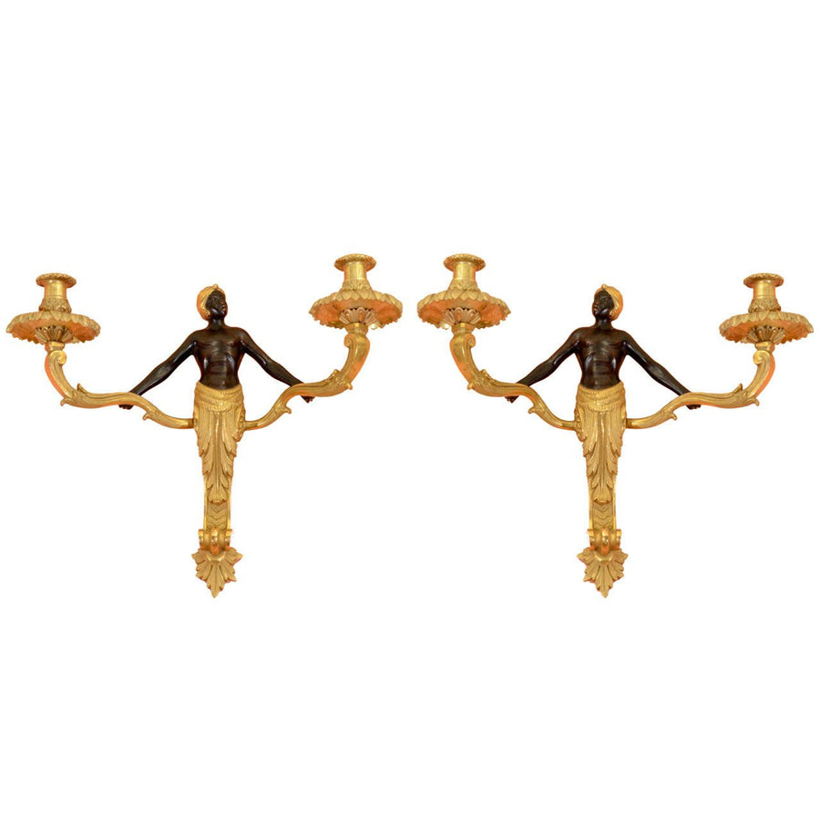 Pair Louis XV Bronze Nubian Two Light Sconces