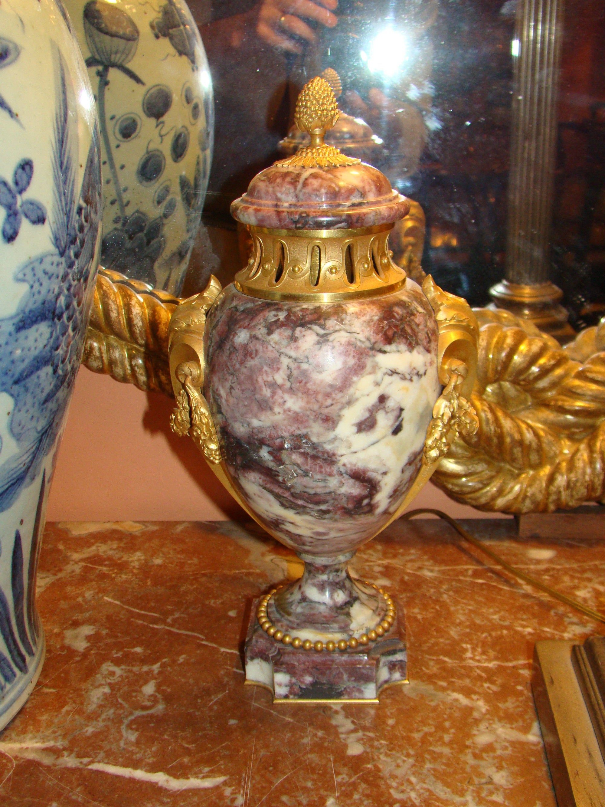 Pair of French Louis XVI Bronze and Marble Urns