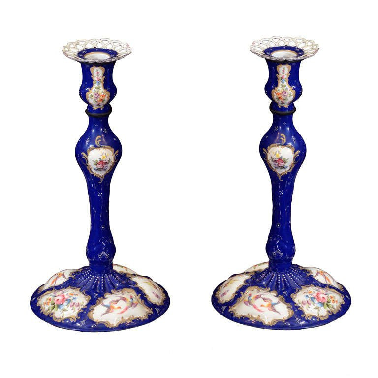 Pair of Battersea Enameled Candlesticks